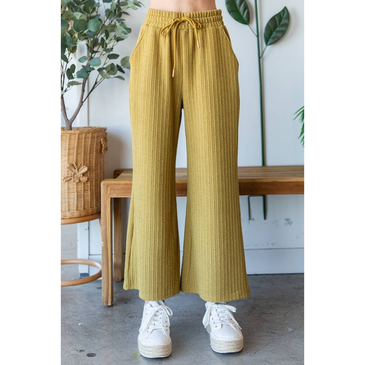 Waffle Textured Knit Pants: Mustard