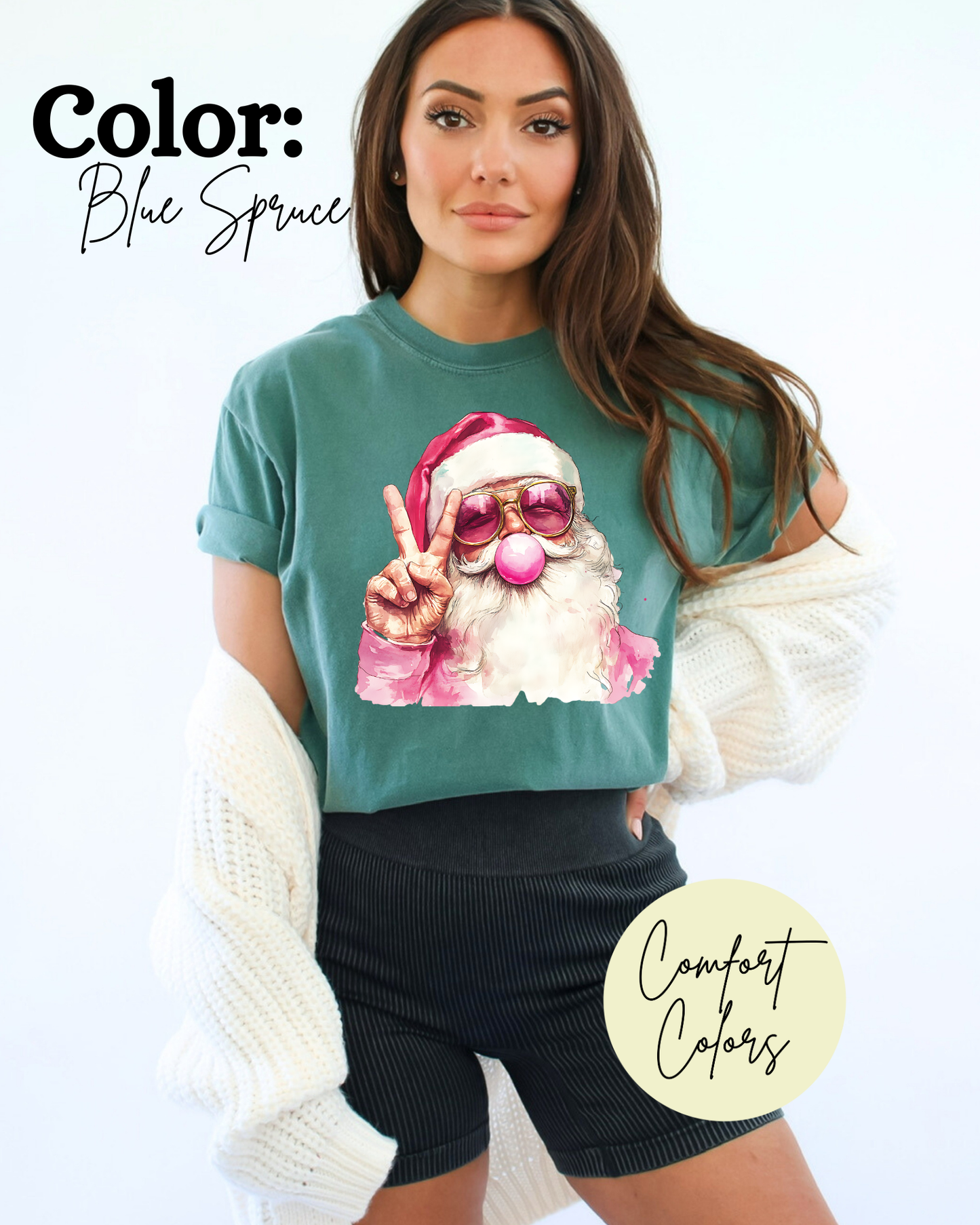 Santa Peace Sign Pink Glasses Comfort Colors Tee : Blue Spruce / X-large