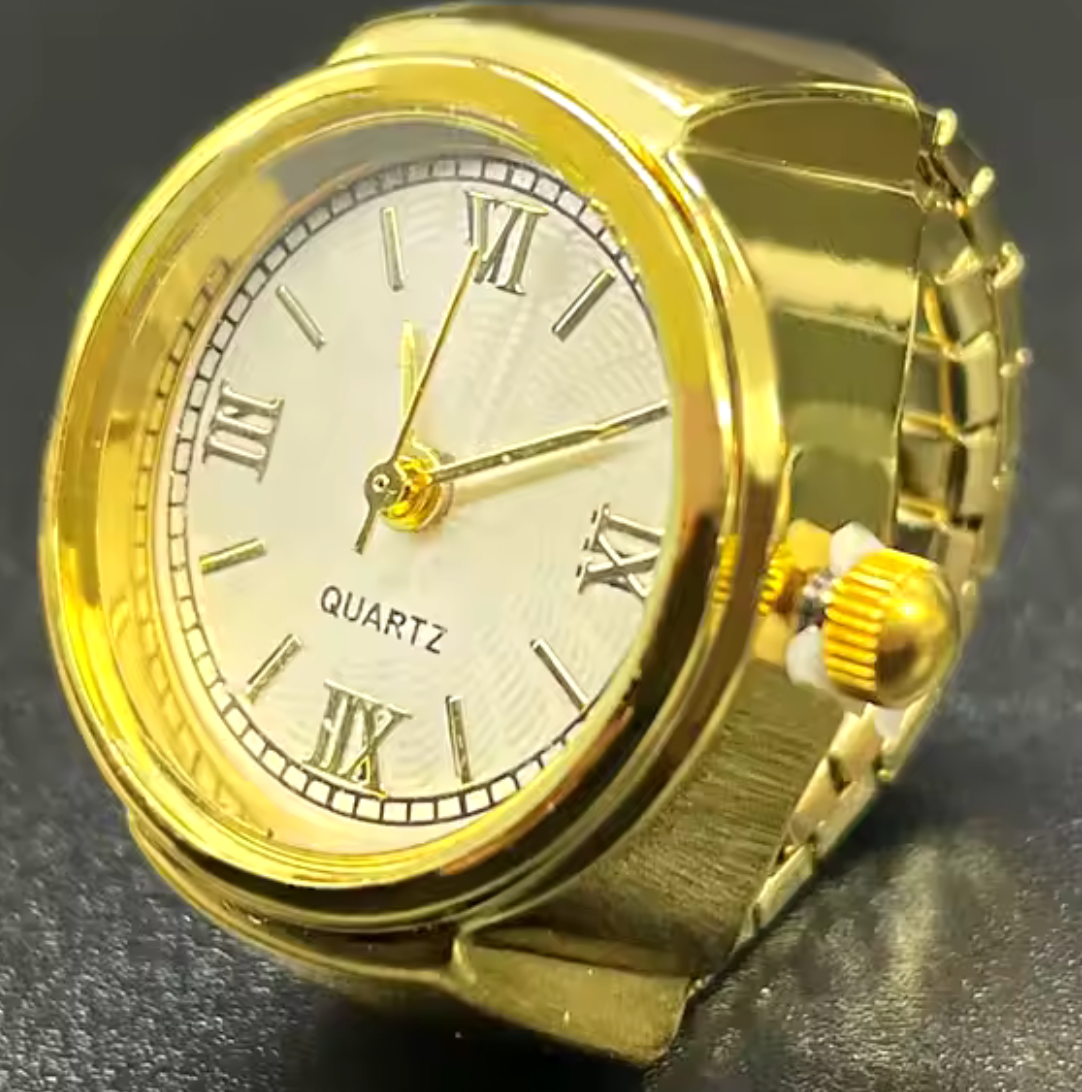 Watch Ring- Stainless Steel- Quartz Stretch Ring- Gift Box: Yellow Gold