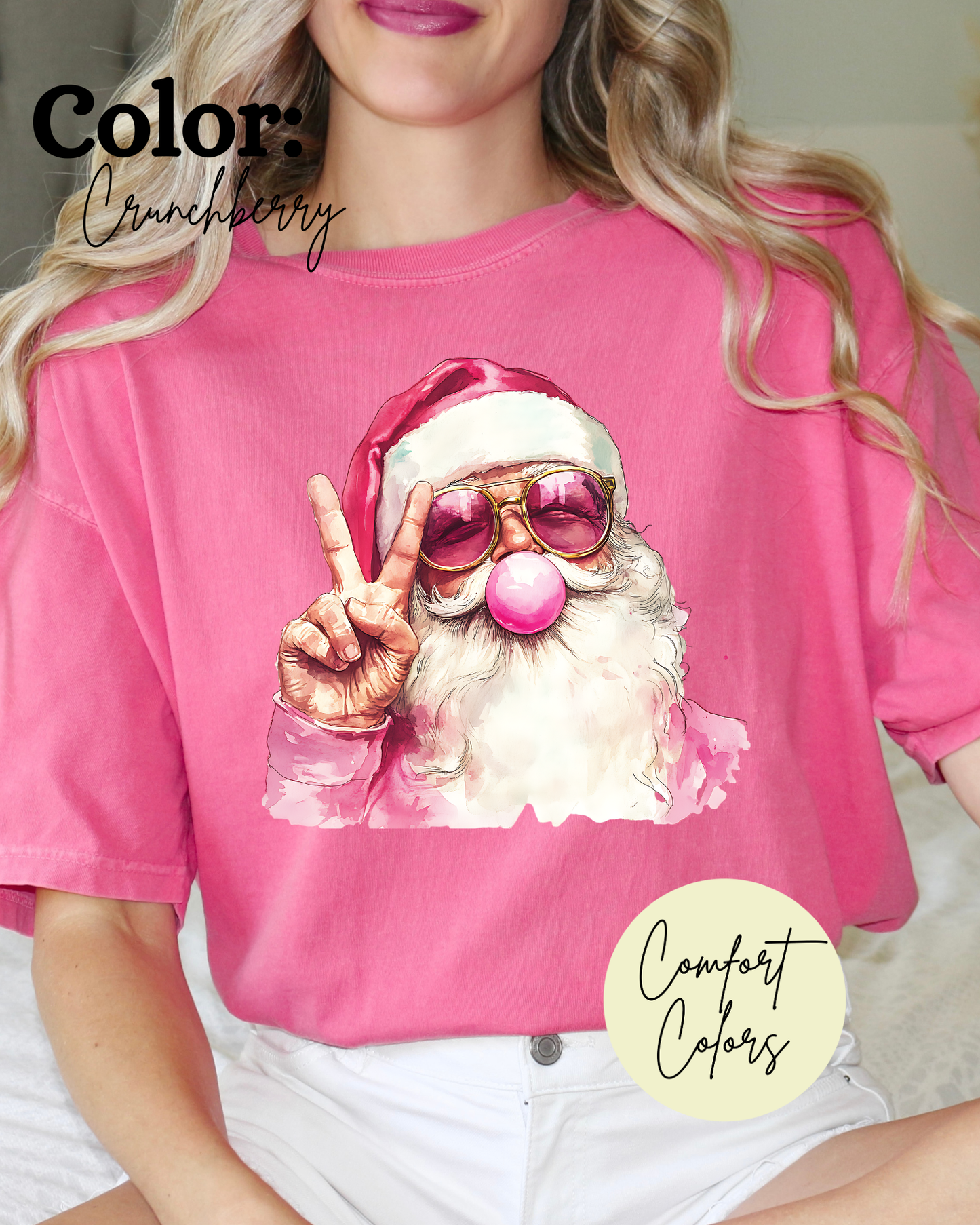 Santa Peace Sign Pink Glasses Comfort Colors Tee : Blue Spruce / X-large