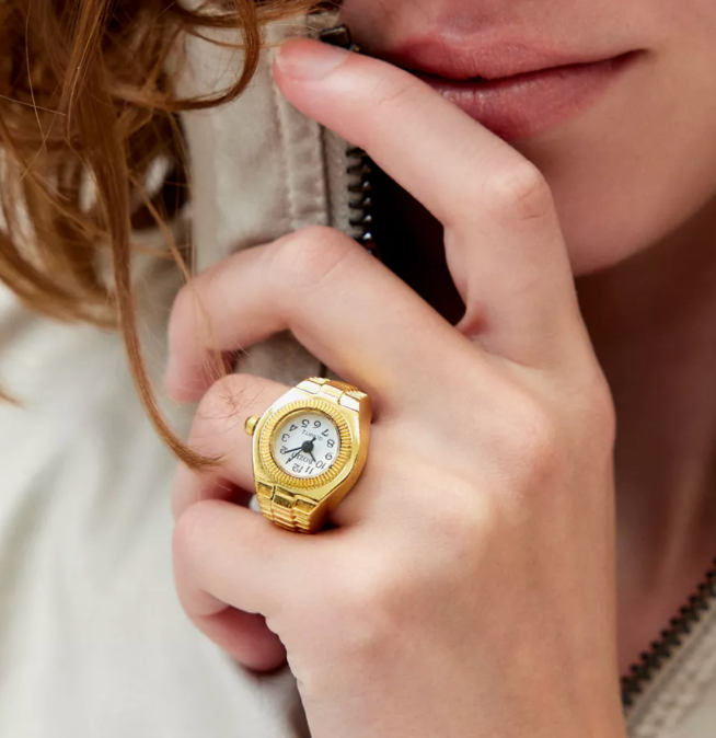 Watch Ring- Stainless Steel- Quartz Stretch Ring- Gift Box: Yellow Gold