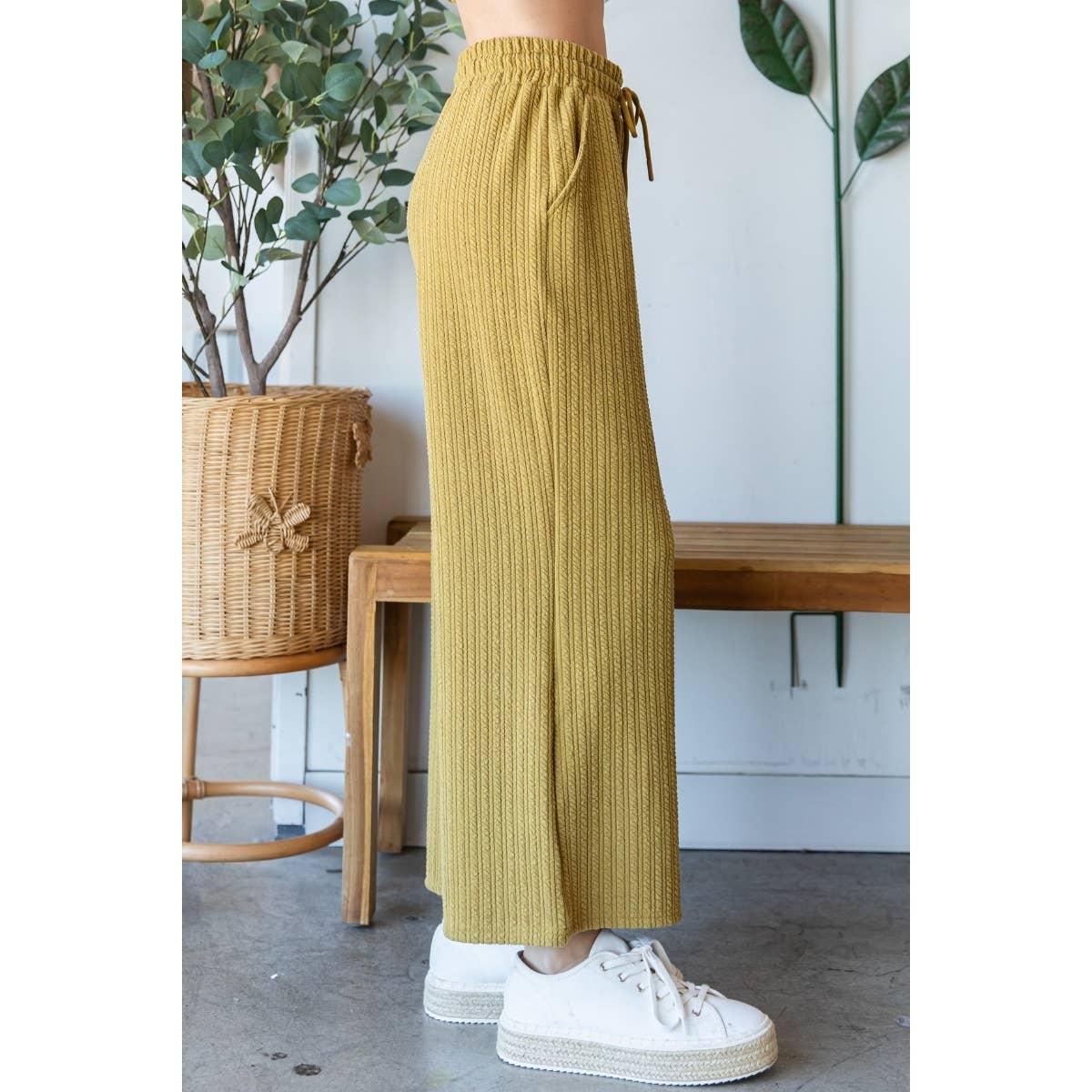Waffle Textured Knit Pants: Mustard