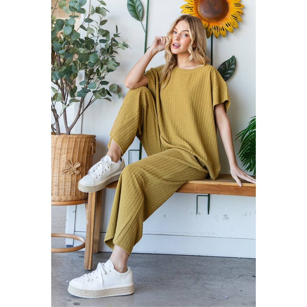 Waffle Textured Knit Pants: Mustard