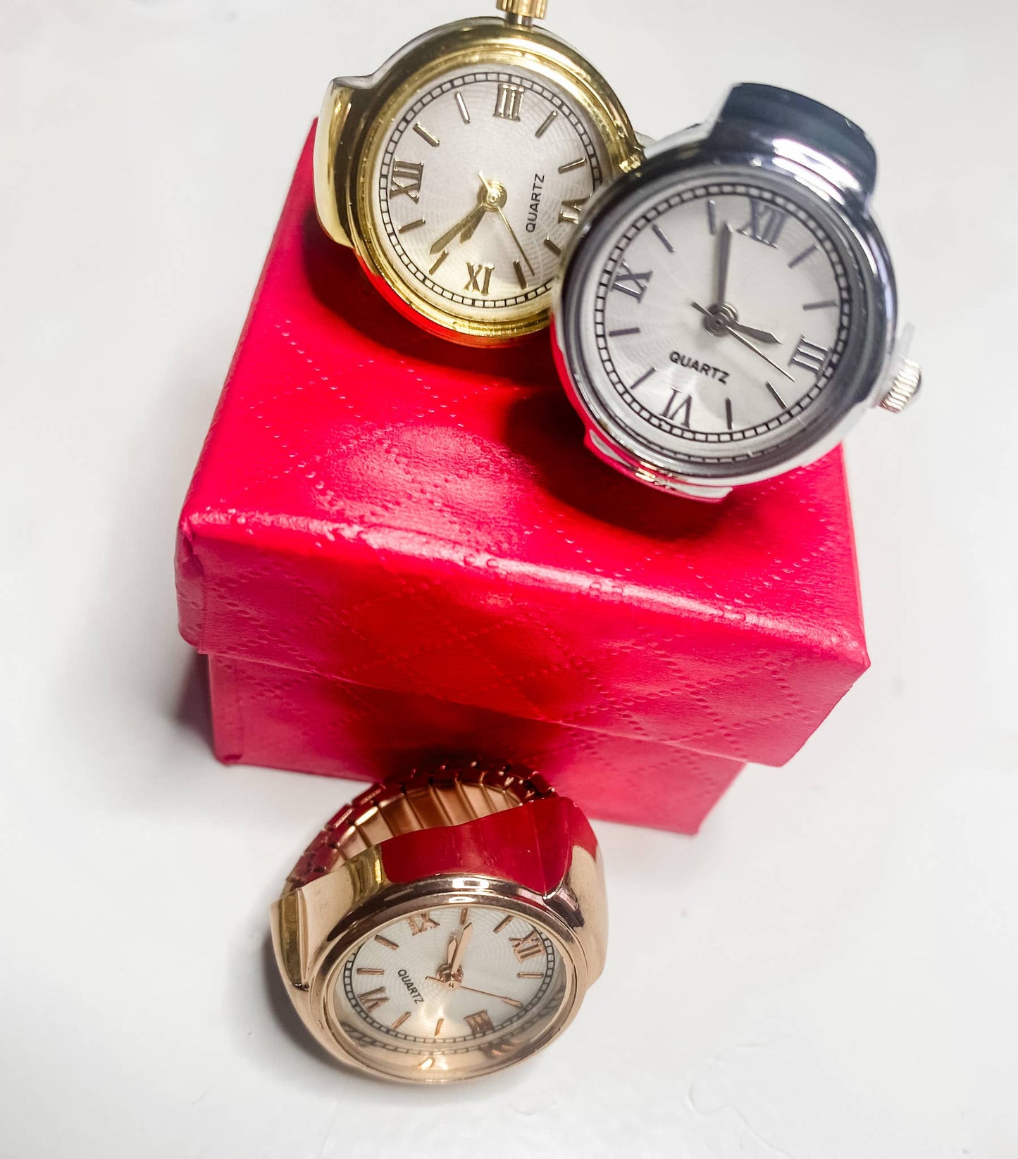 Watch Ring- Stainless Steel- Quartz Stretch Ring- Gift Box: Yellow Gold