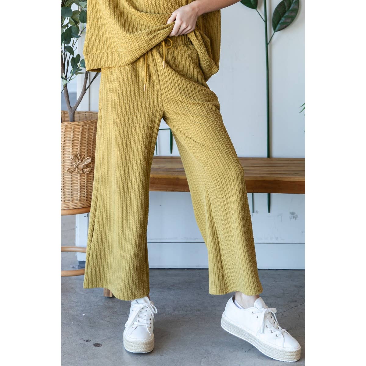 Waffle Textured Knit Pants: Mustard