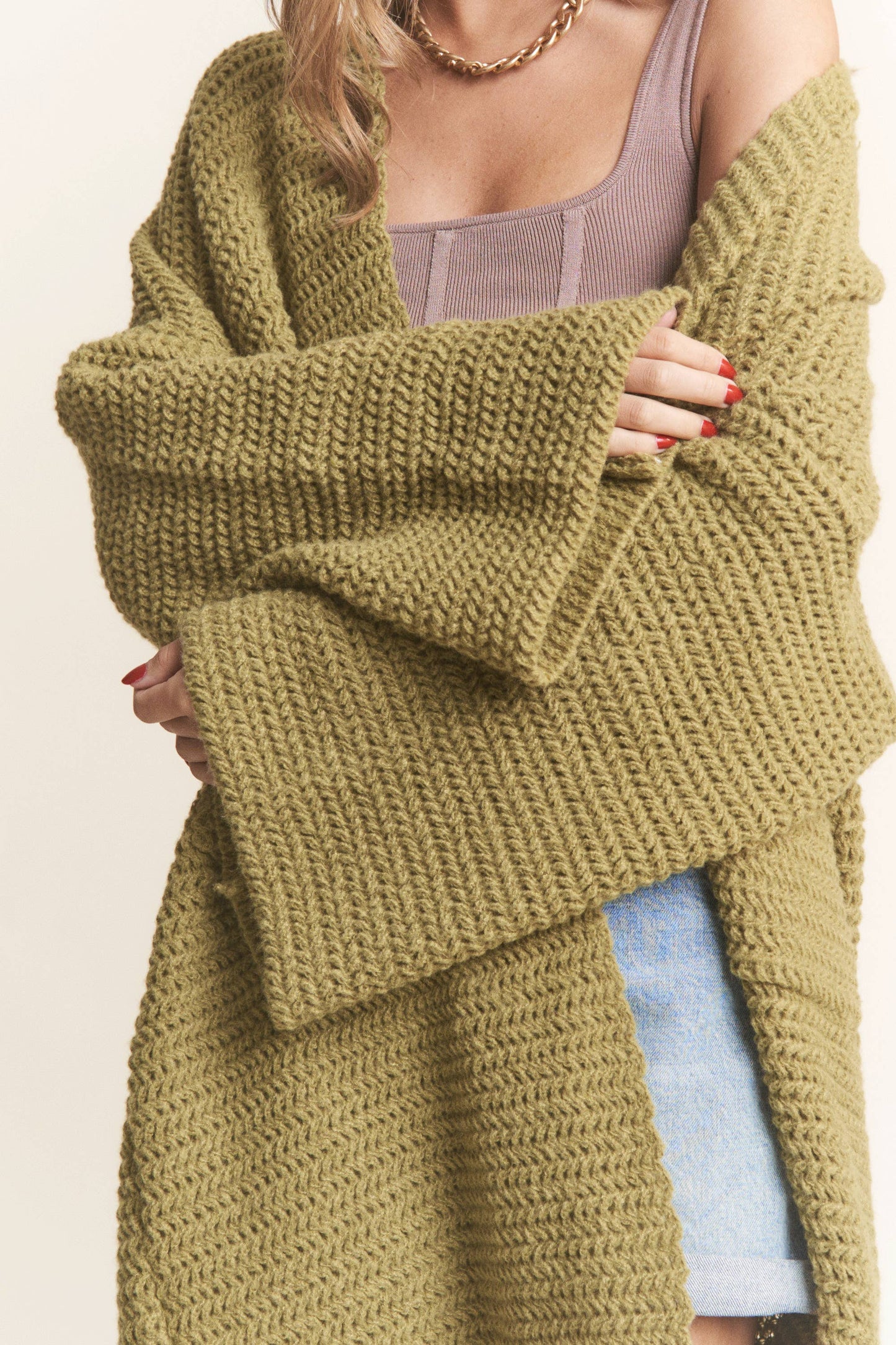 Long Body Cable Knit Open Cardigan: Golden Kiwi