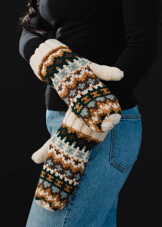 Cream & Multicolored Patterned Mittens