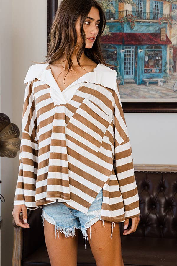 Soft Knit Striped Big Collared Top