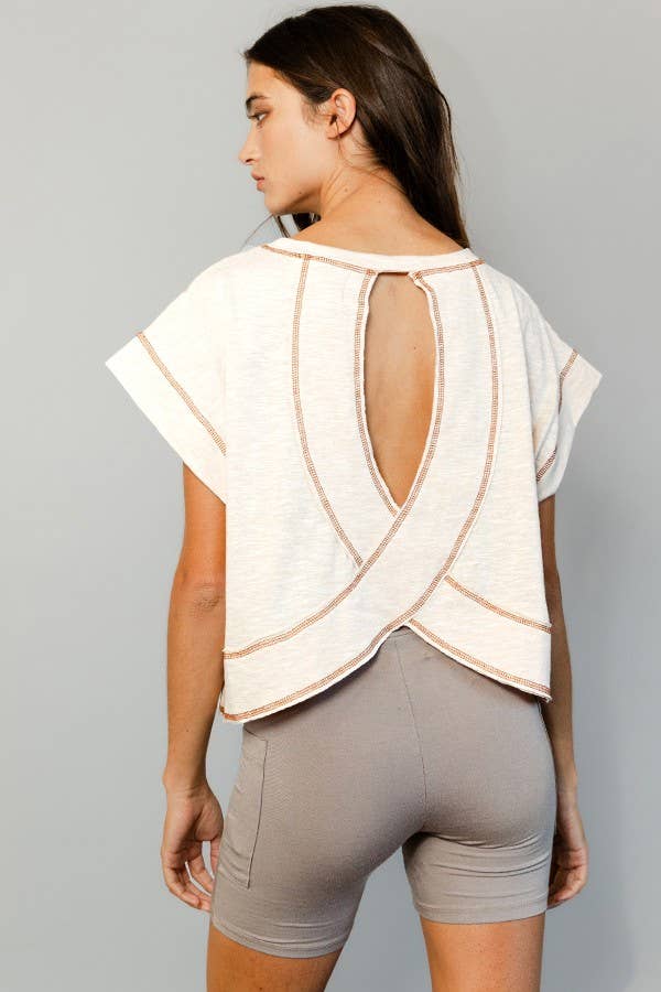 Open Back Reverse Stitched Crop Top: NATURAL