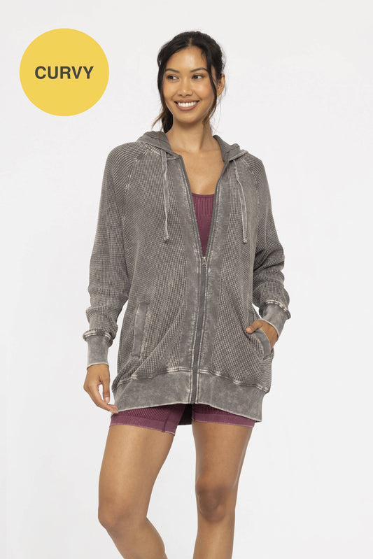 CURVY Oversized Mineral-Washed Zip-Up Hooded Swestshirt