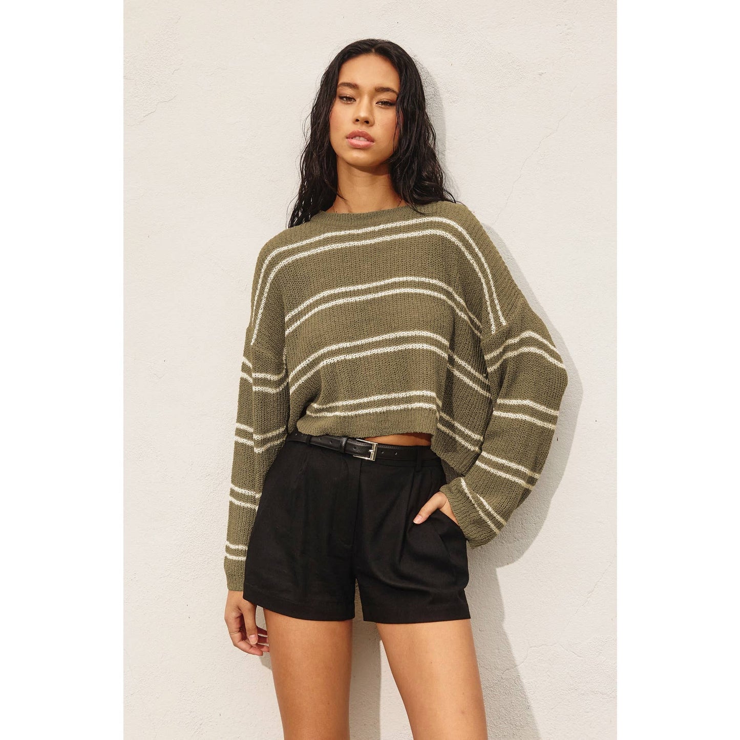 Double Striped Long Sleeve Open Knit Top: