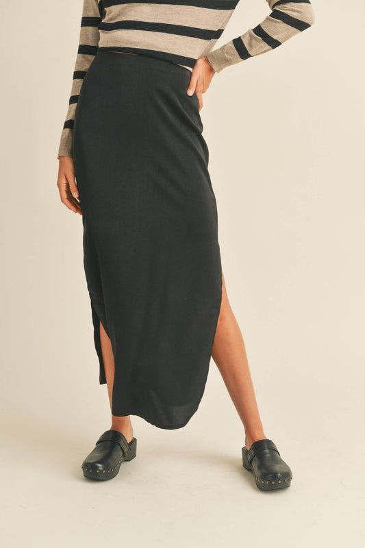 S2861   SATIN SIDE SLIT SKIRT: BLACK / S