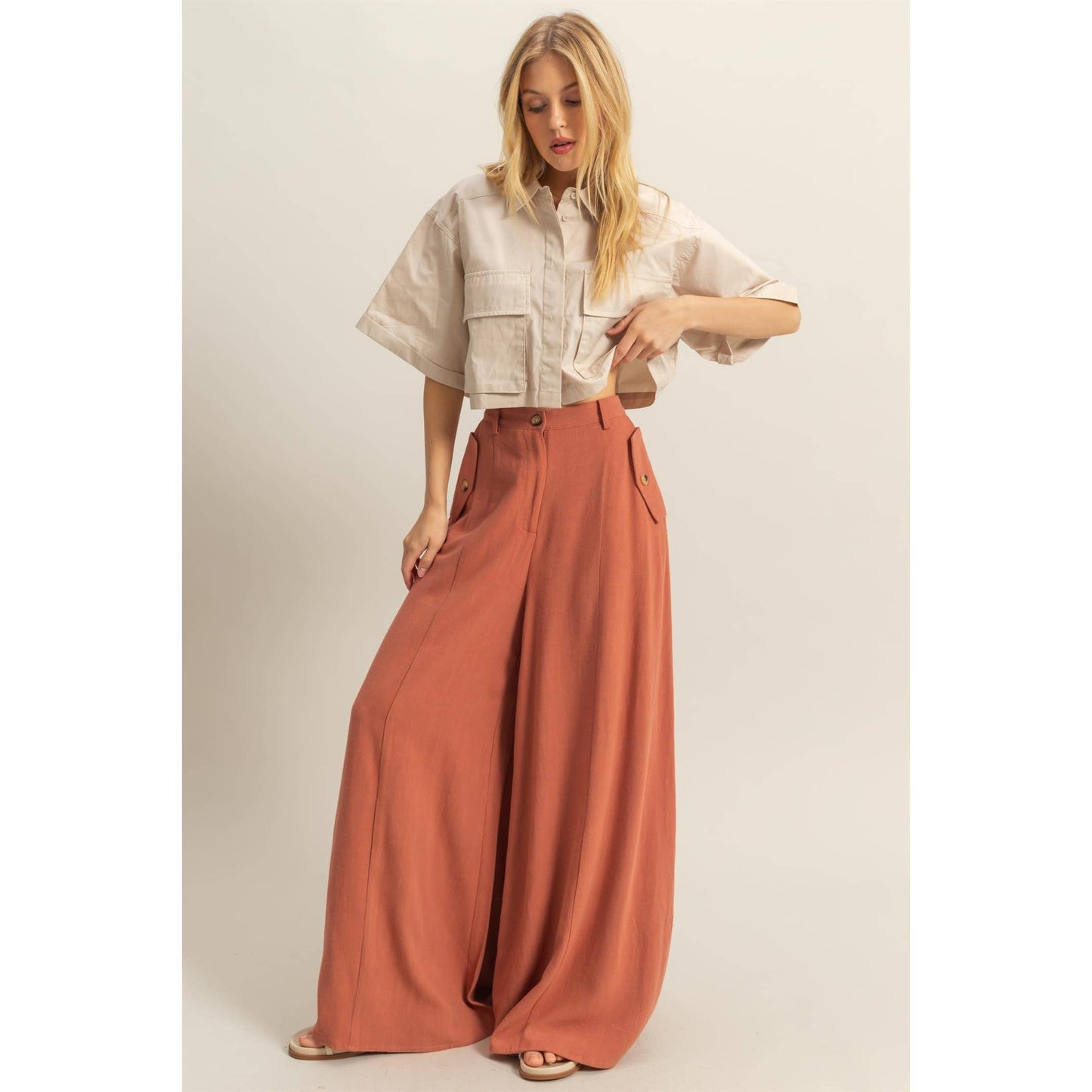 Rory Linen Blended High Waist Pants: TERRACOTTA