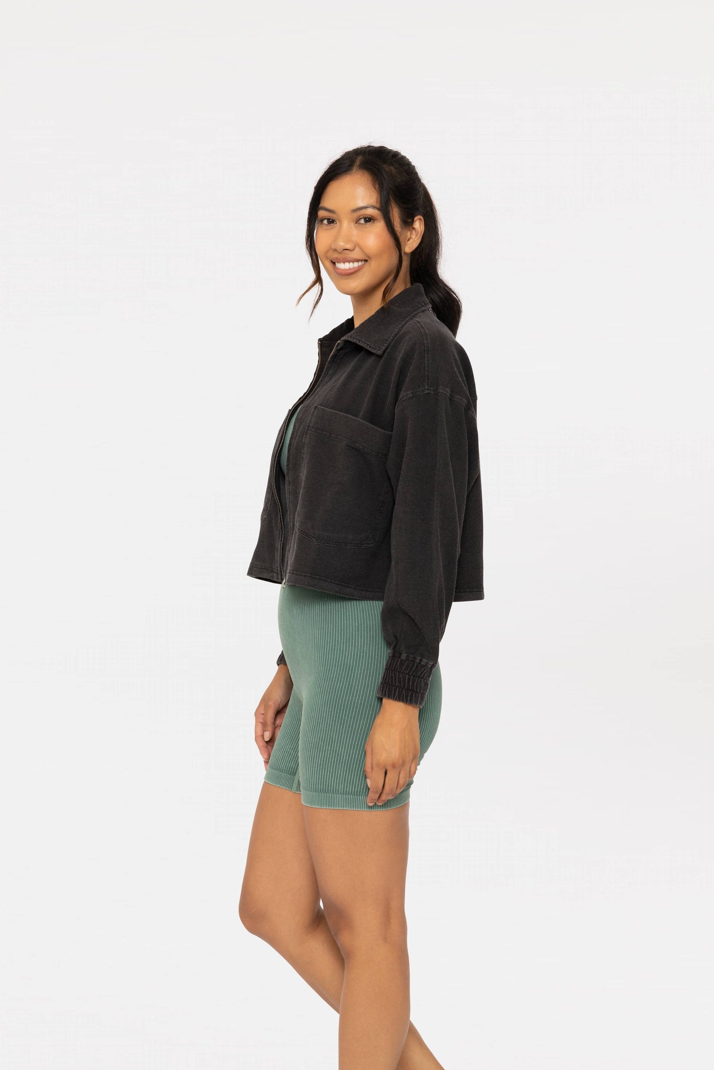 Mineral Wash Boxy Cropped Cotton Jacket: Black