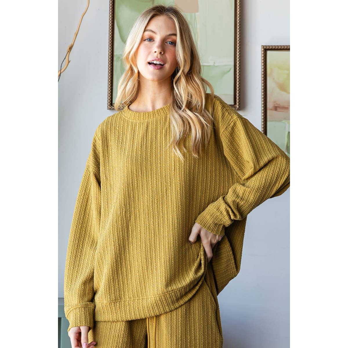 Waffle Textured Knit Long Sleeve Top