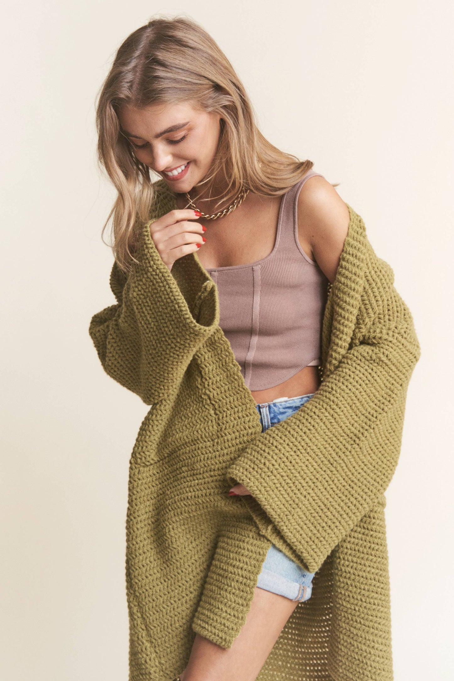 Long Body Cable Knit Open Cardigan: Golden Kiwi