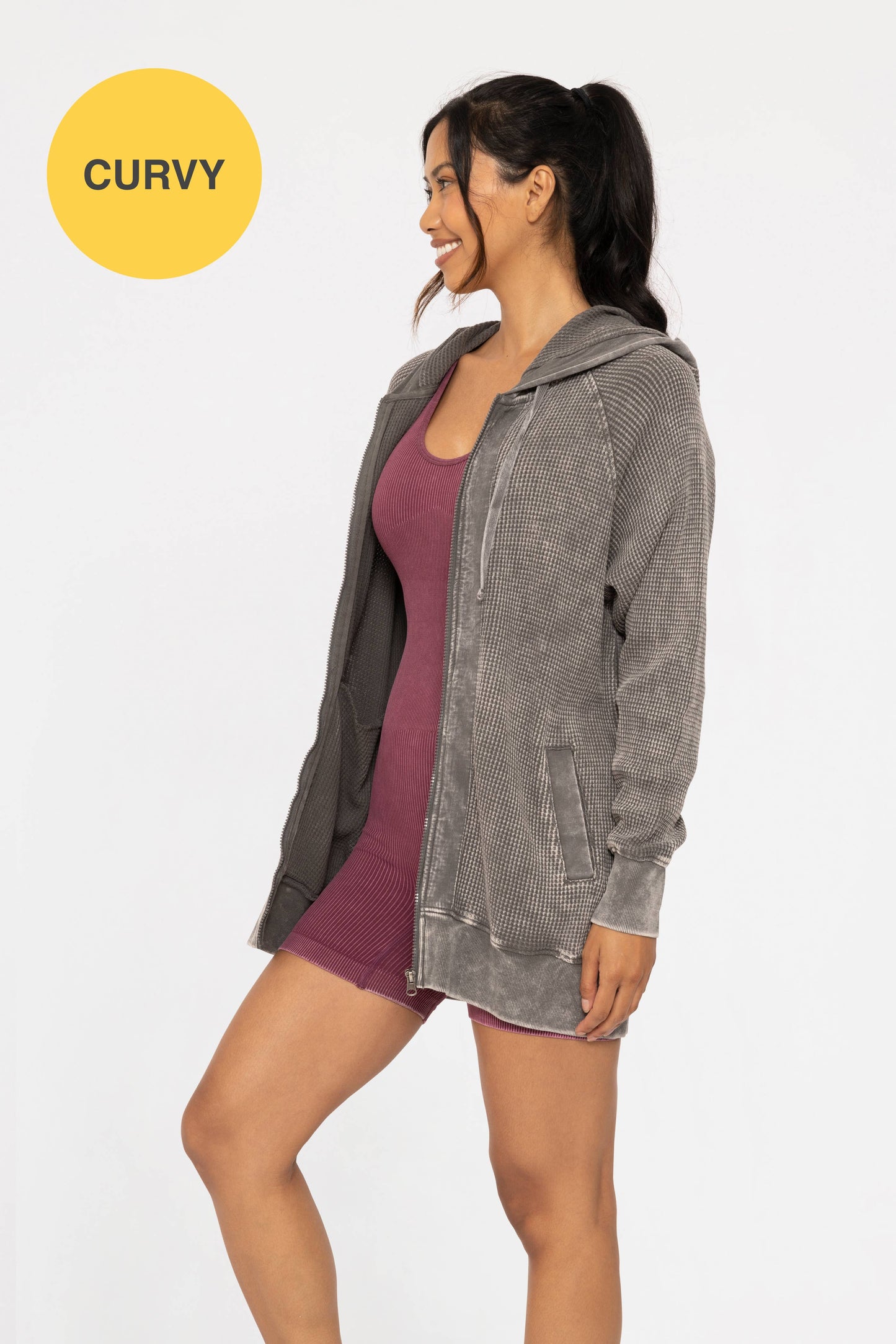 CURVY Oversized Mineral-Washed Zip-Up Hooded Swestshirt