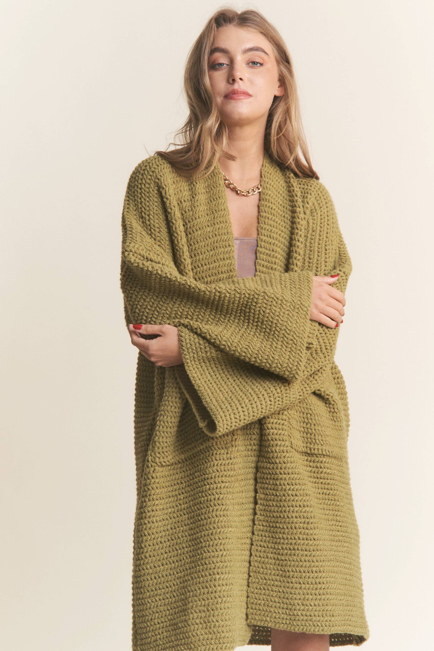 Long Body Cable Knit Open Cardigan: Golden Kiwi