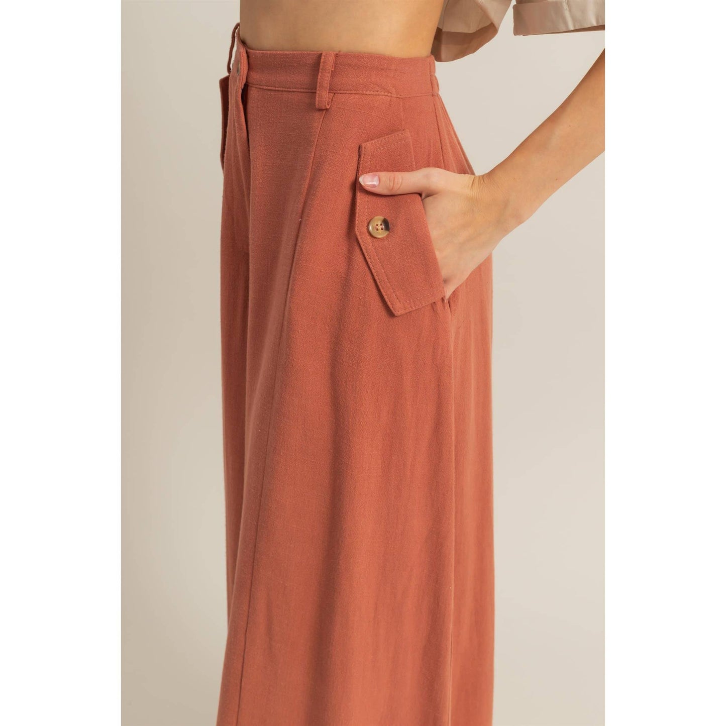 Rory Linen Blended High Waist Pants: TERRACOTTA