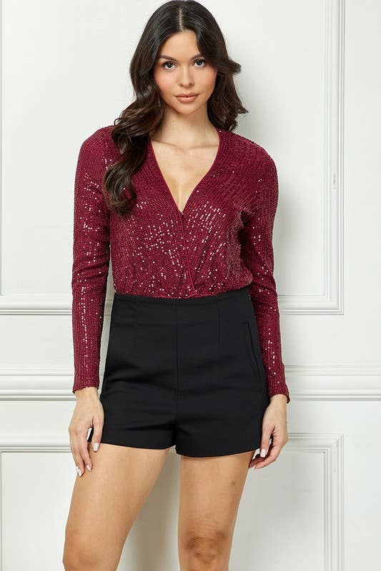 Low V-neck Sequin Bodysuit: Wine