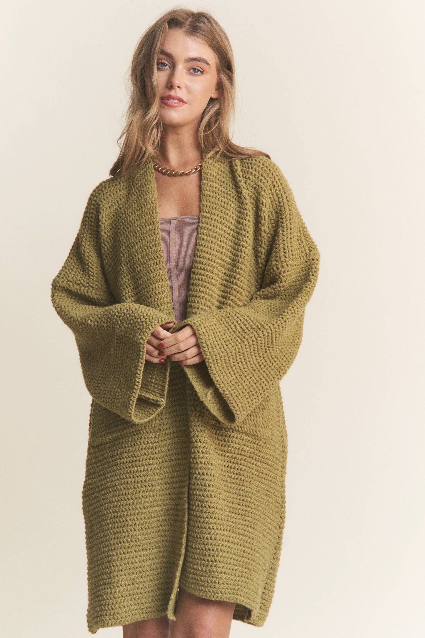 Long Body Cable Knit Open Cardigan: Golden Kiwi