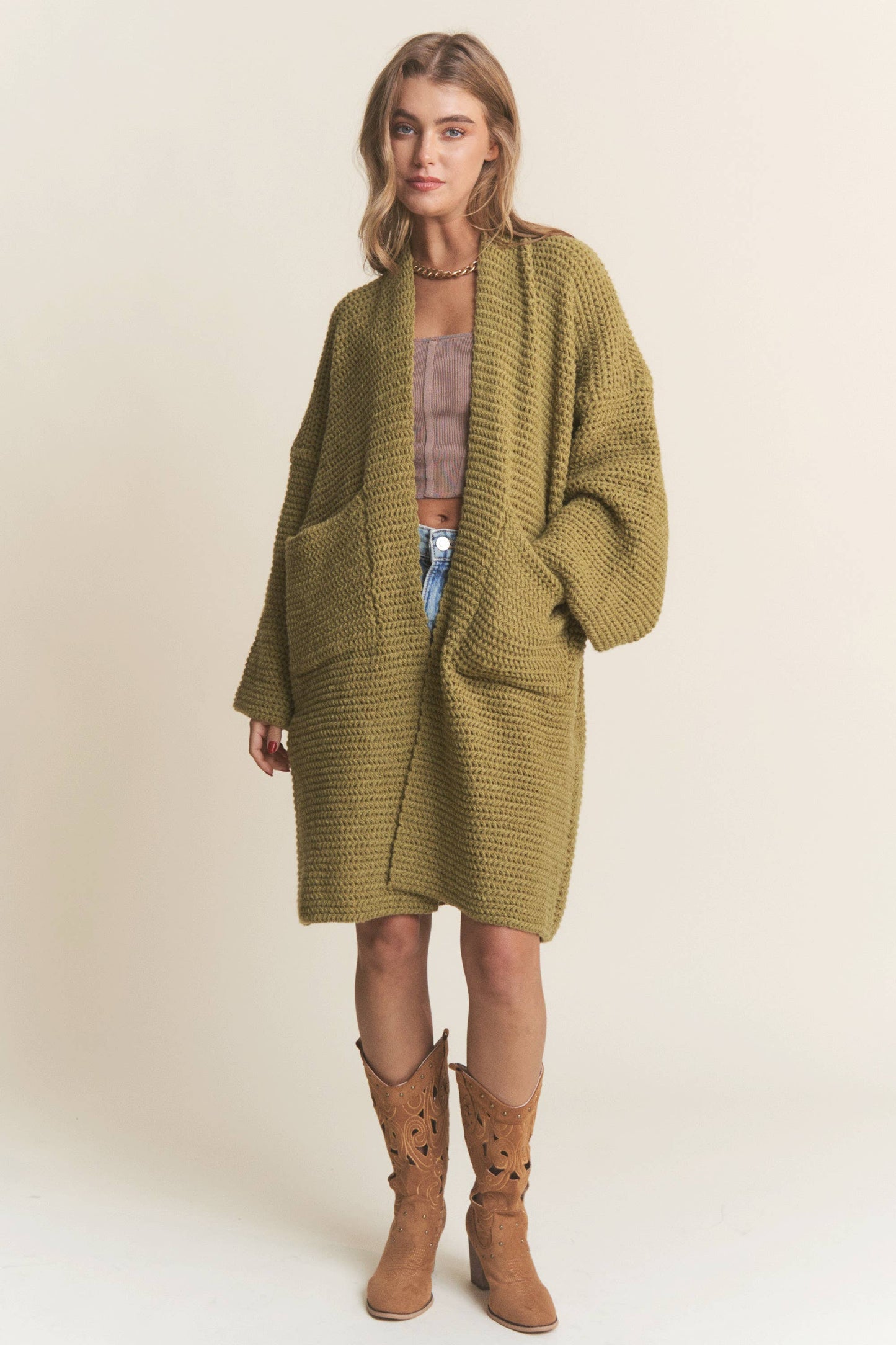 Long Body Cable Knit Open Cardigan: Golden Kiwi