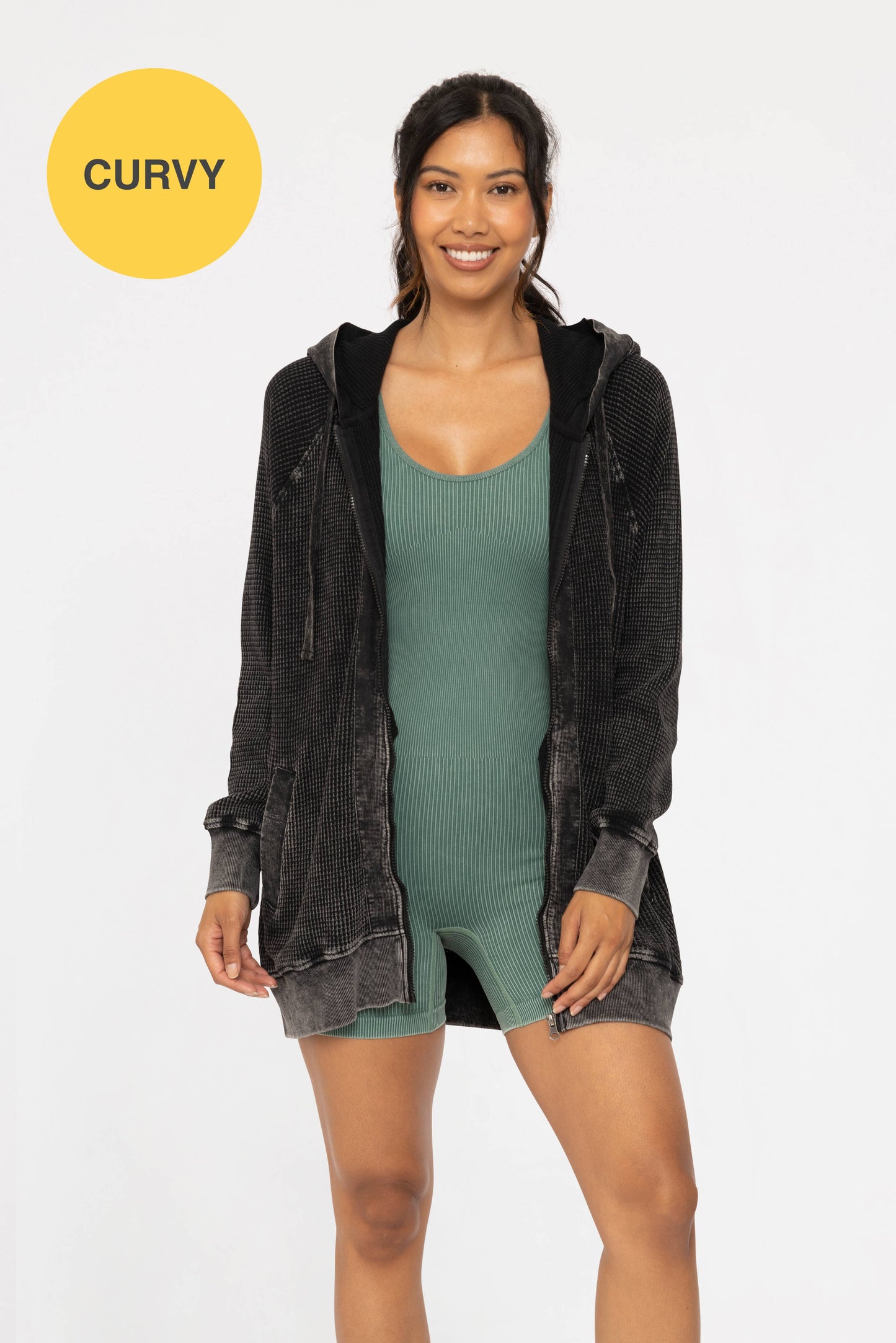 CURVY Oversized Mineral-Washed Zip-Up Hooded Jacket: Black