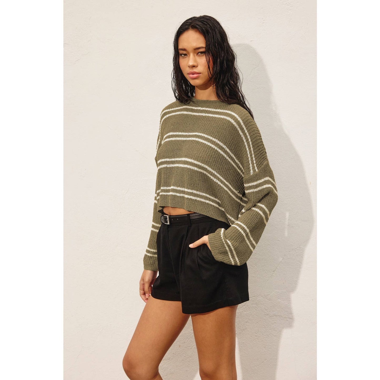 Double Striped Long Sleeve Open Knit Top: