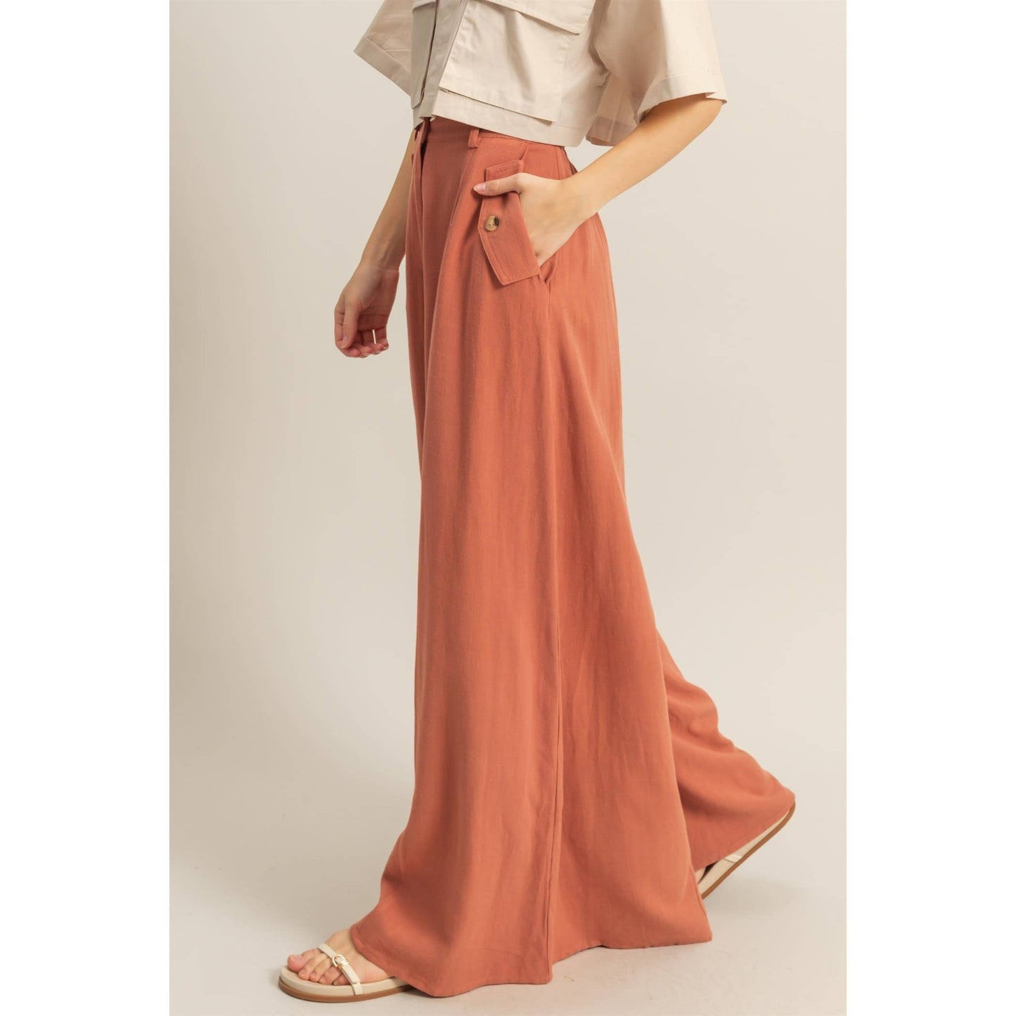 Rory Linen Blended High Waist Pants: TERRACOTTA