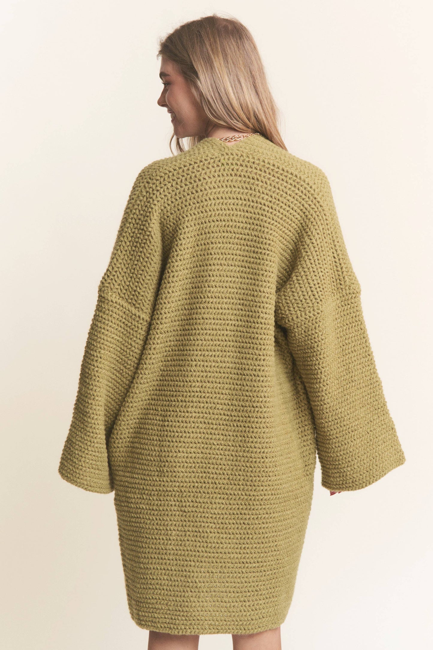 Long Body Cable Knit Open Cardigan: Golden Kiwi