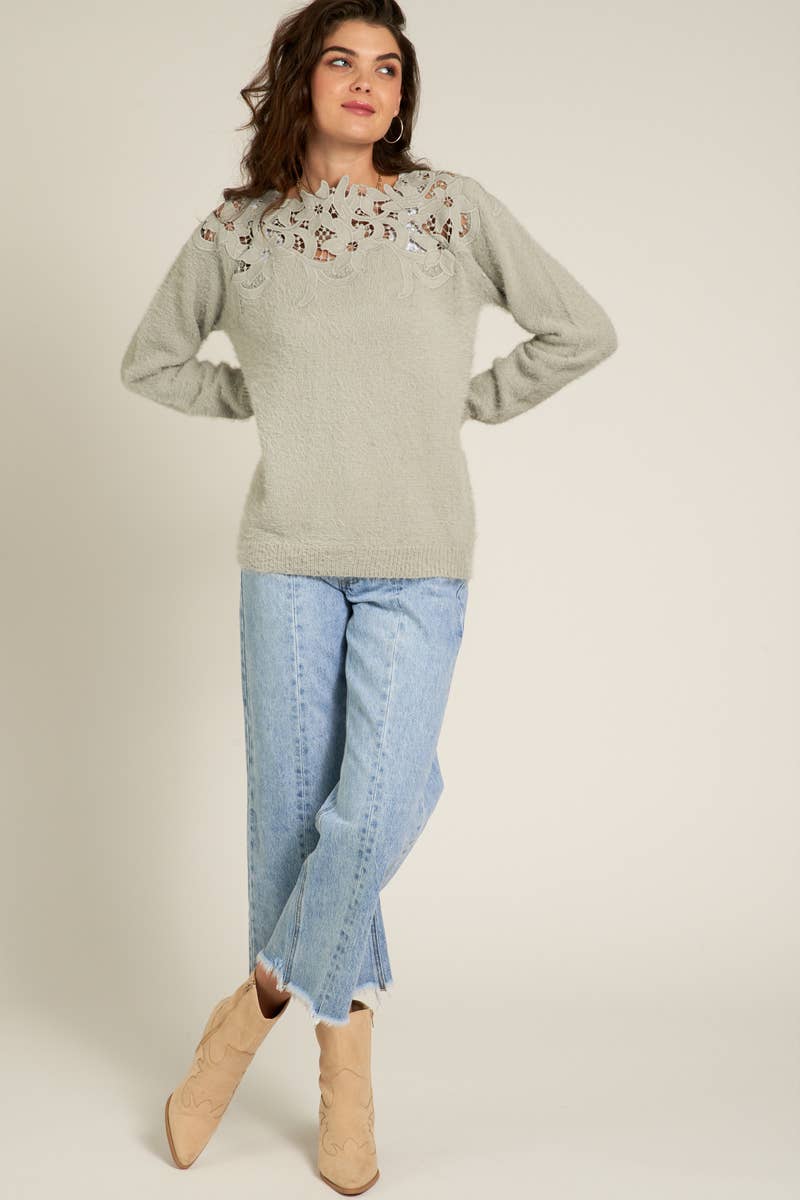 Long Sleeve Sweater with Lace Neck Line