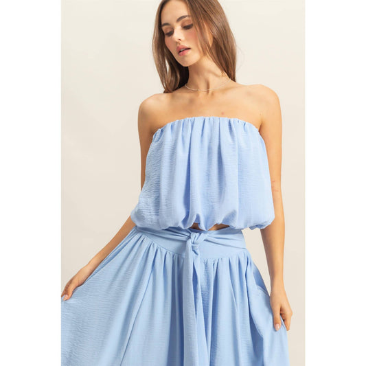 Stassi Strapless Bubble Hem Top: BLUE