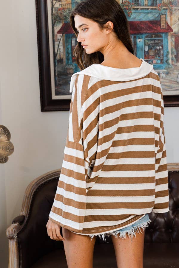 Soft Knit Striped Big Collared Top