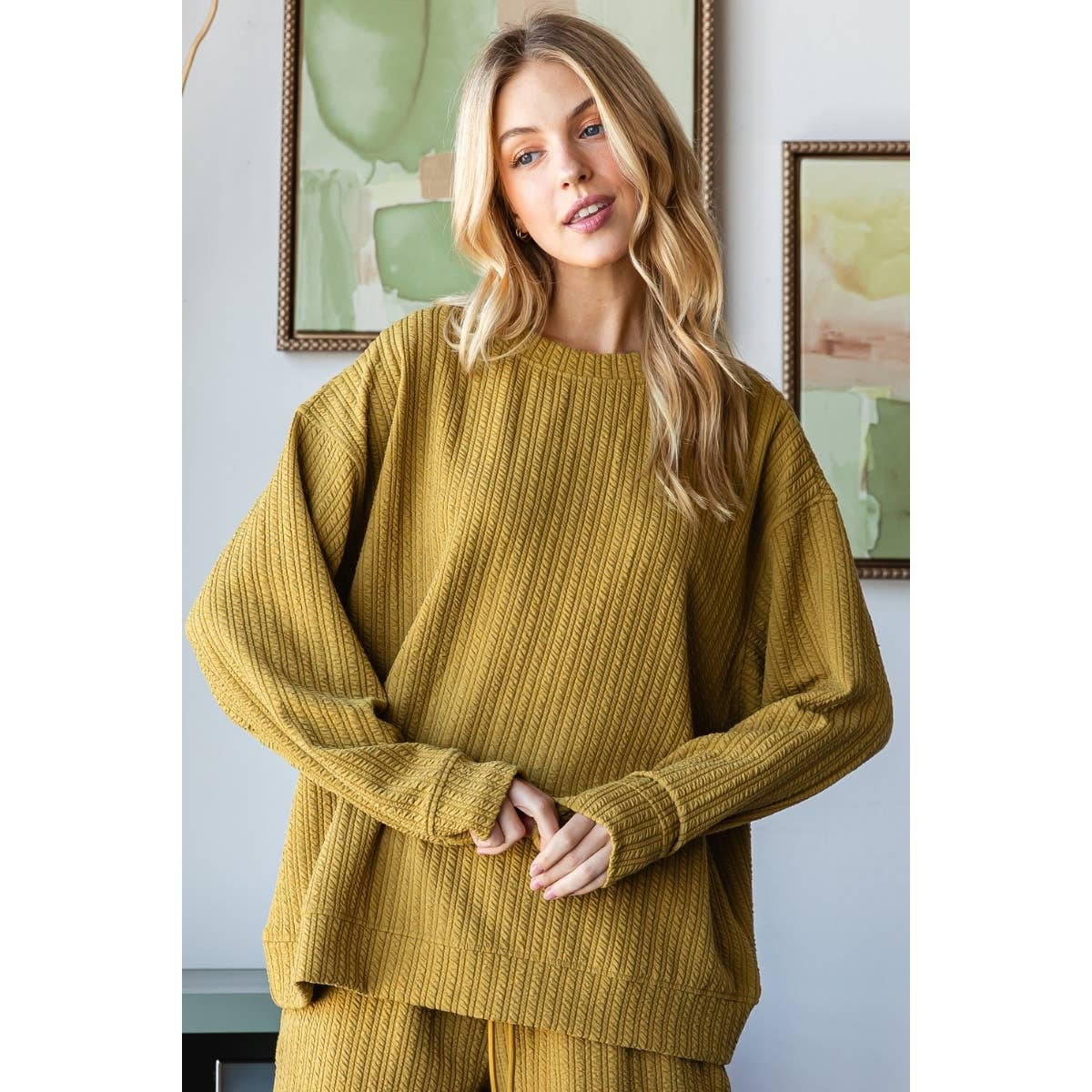 Waffle Textured Knit Long Sleeve Top