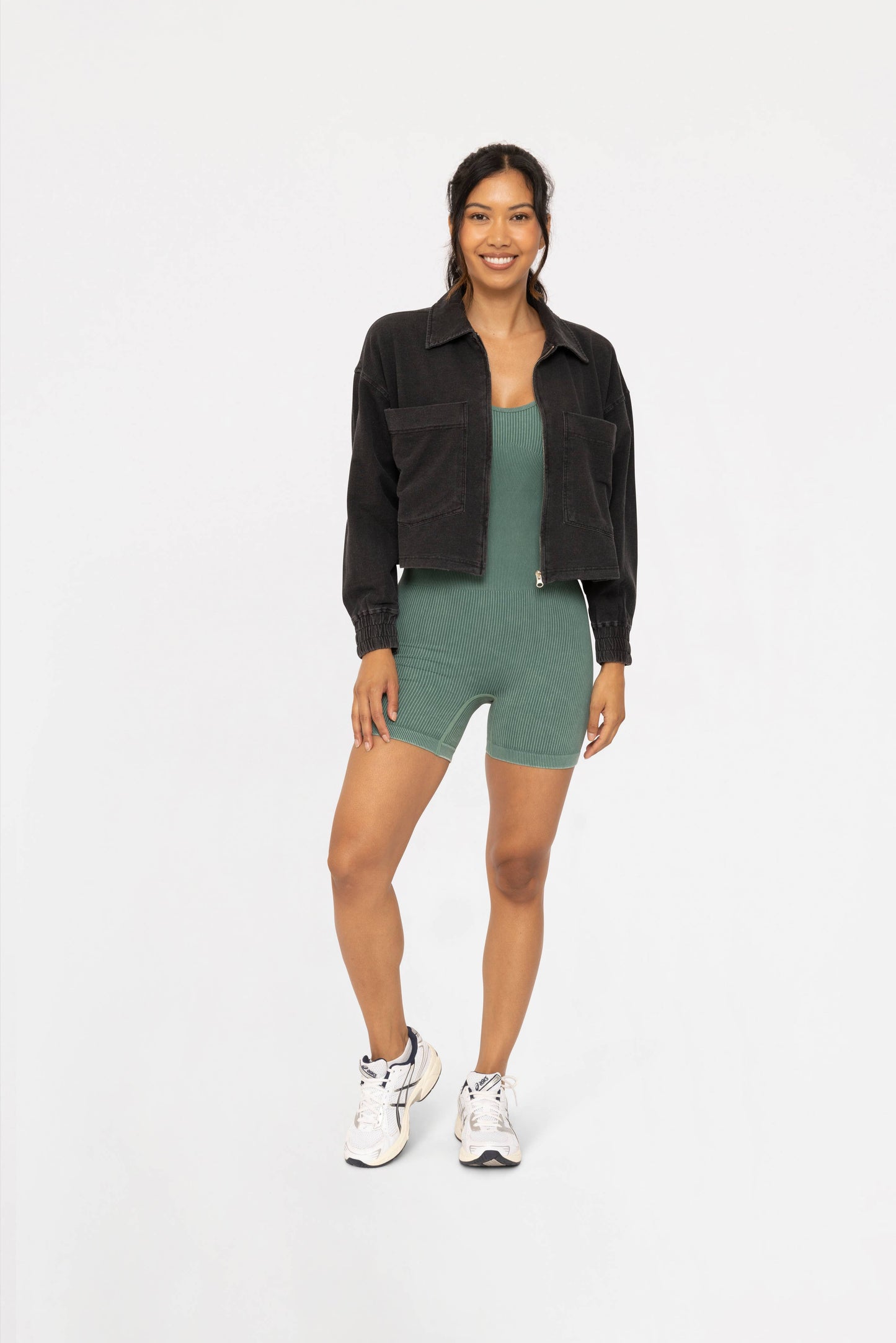 Mineral Wash Boxy Cropped Cotton Jacket: Black