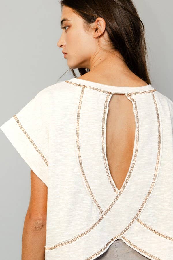 Open Back Reverse Stitched Crop Top: NATURAL