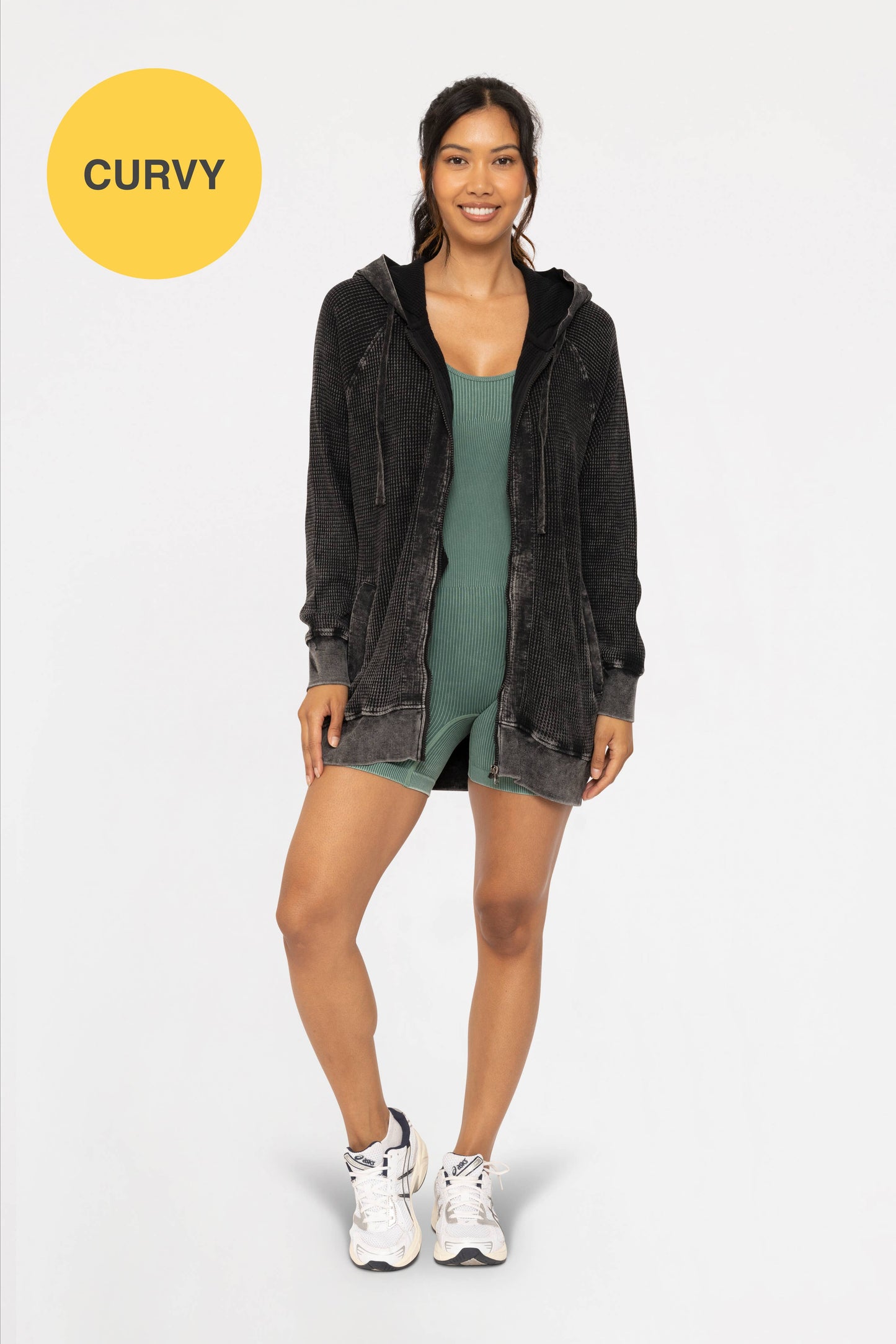 CURVY Oversized Mineral-Washed Zip-Up Hooded Jacket: Black