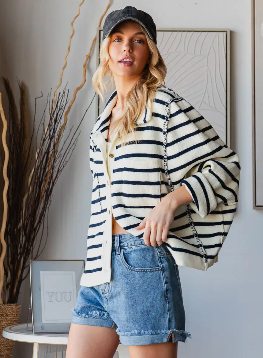 Nantucket Striped Cardigan: Navy