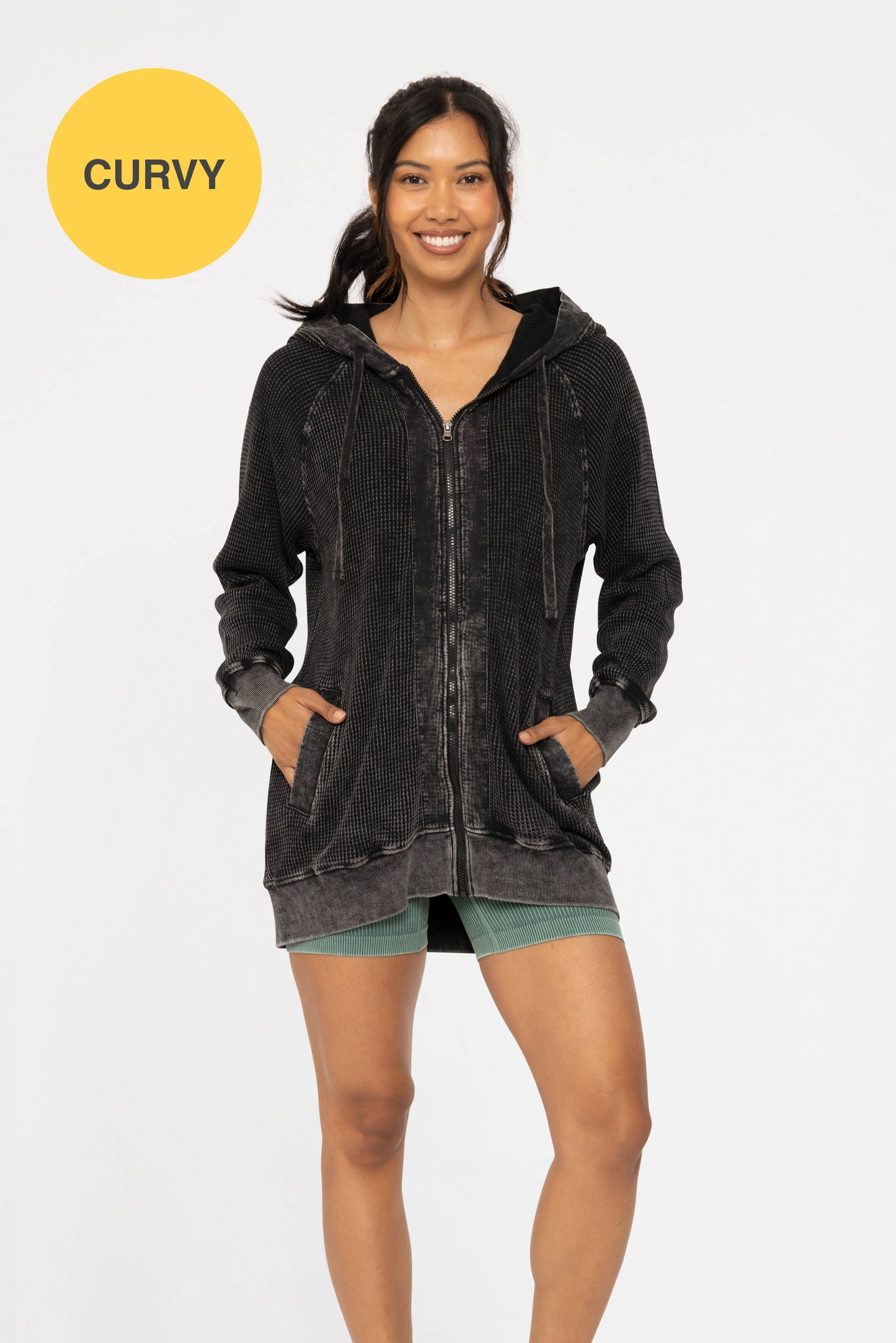 CURVY Oversized Mineral-Washed Zip-Up Hooded Jacket: Black