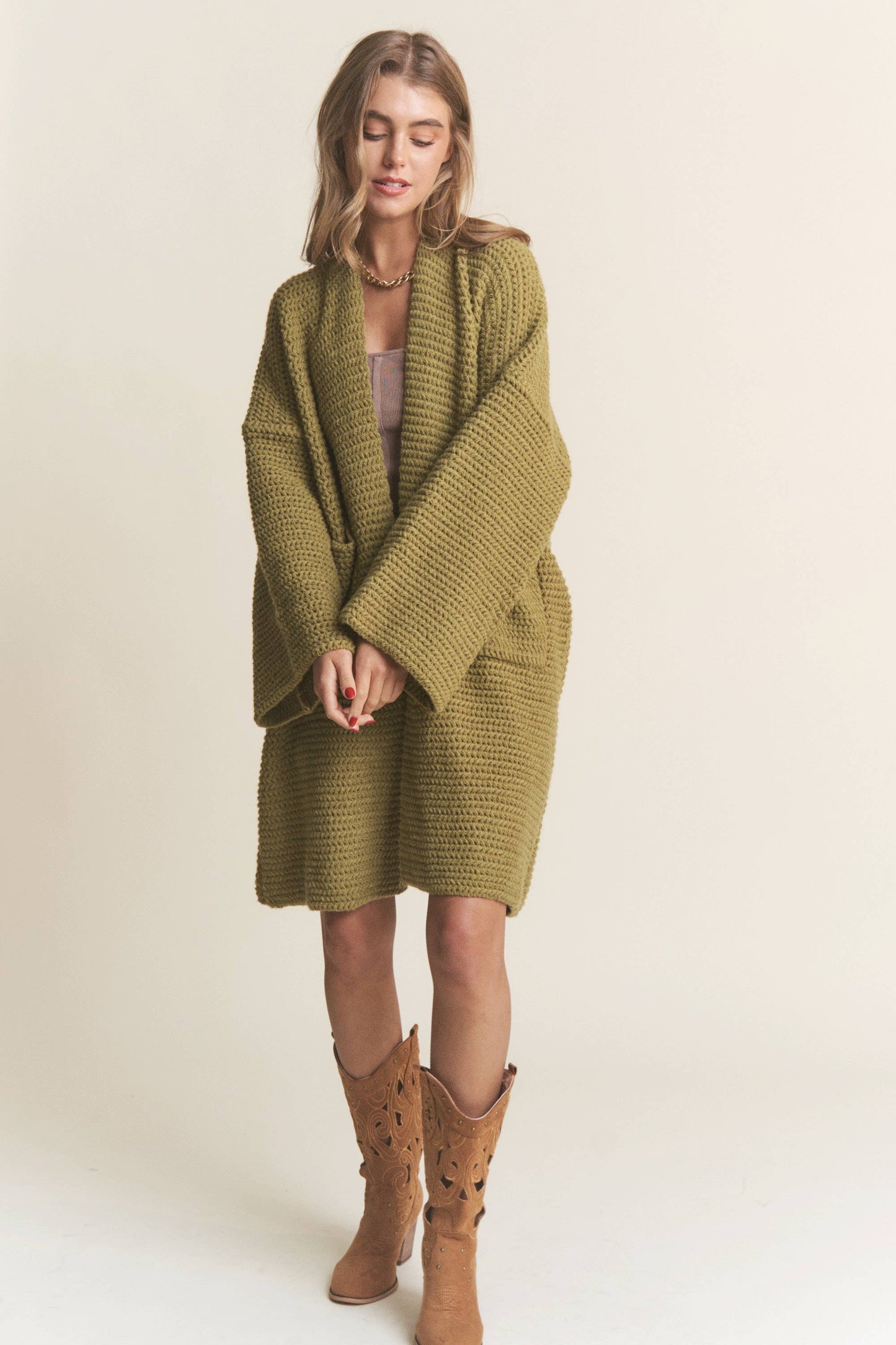 Long Body Cable Knit Open Cardigan: Golden Kiwi