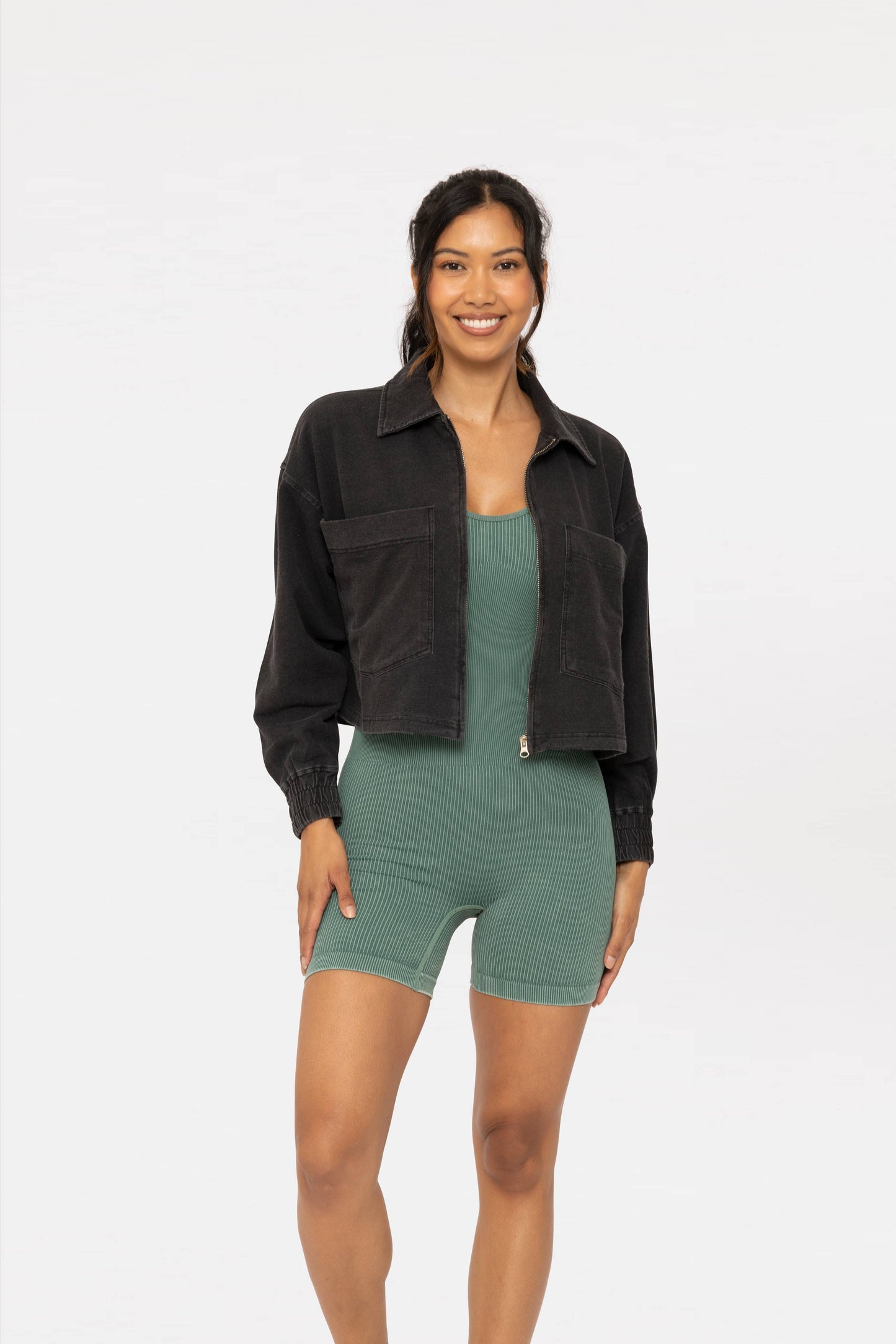 Mineral Wash Boxy Cropped Cotton Jacket: Black