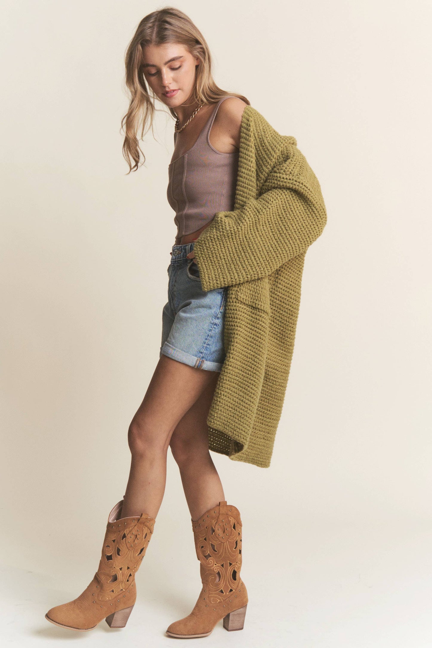 Long Body Cable Knit Open Cardigan: Golden Kiwi