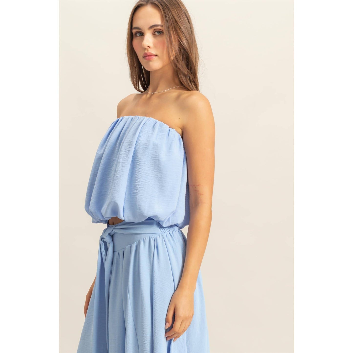 Stassi Strapless Bubble Hem Top: BLUE