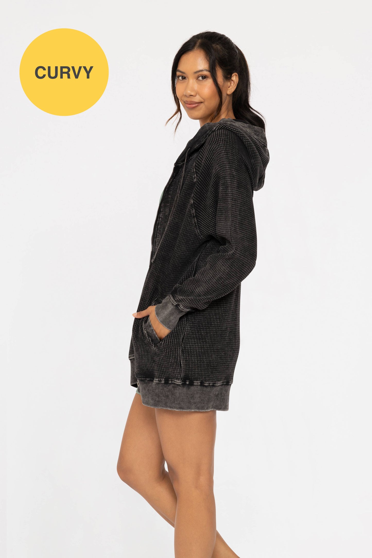 CURVY Oversized Mineral-Washed Zip-Up Hooded Jacket: Black