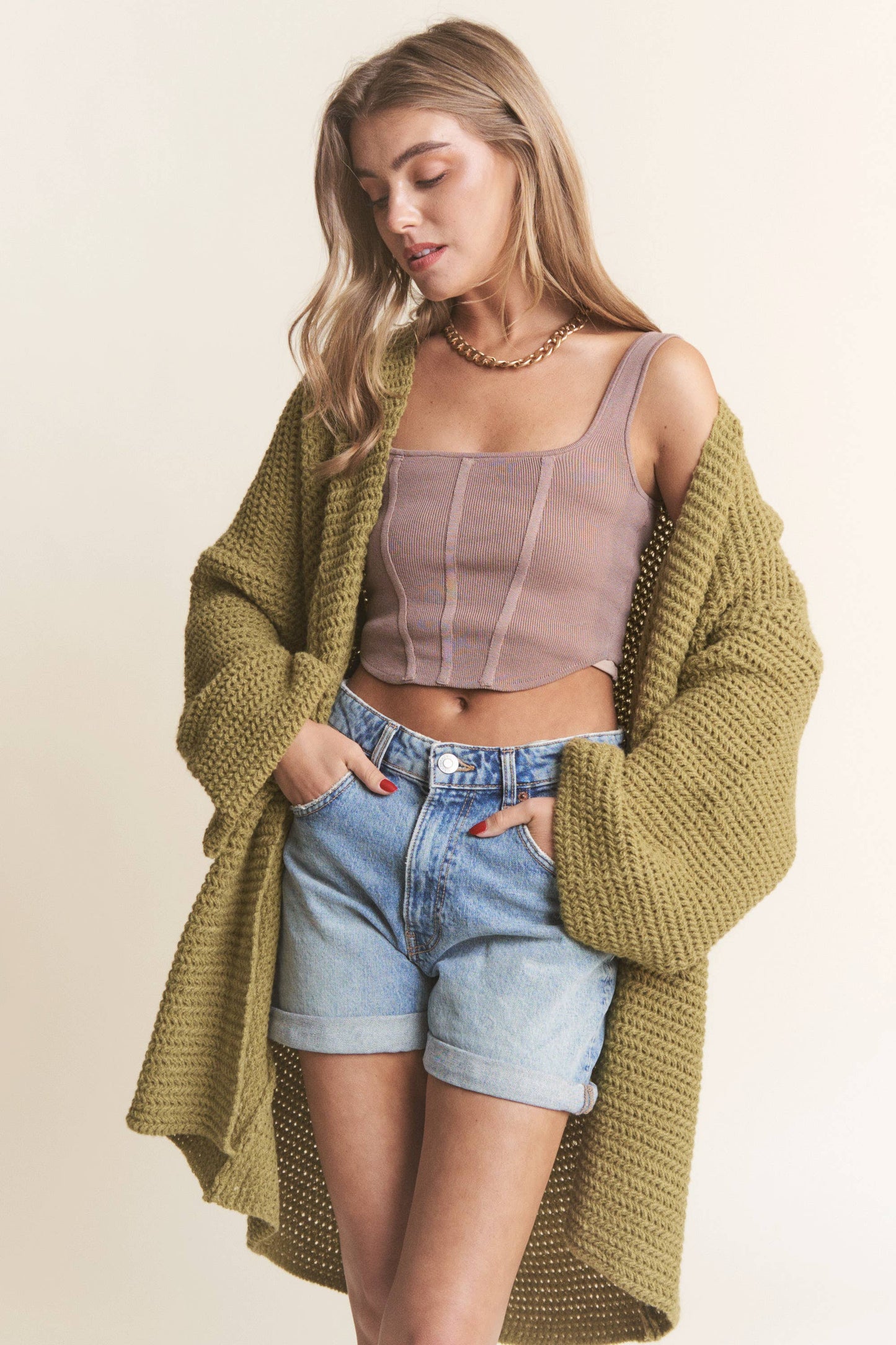 Long Body Cable Knit Open Cardigan: Golden Kiwi