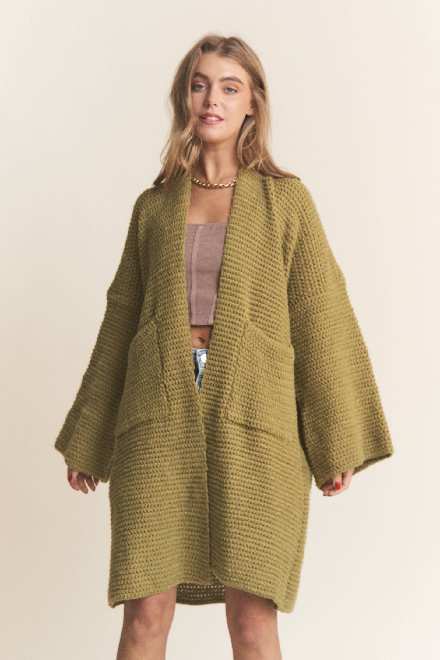 Long Body Cable Knit Open Cardigan: Golden Kiwi