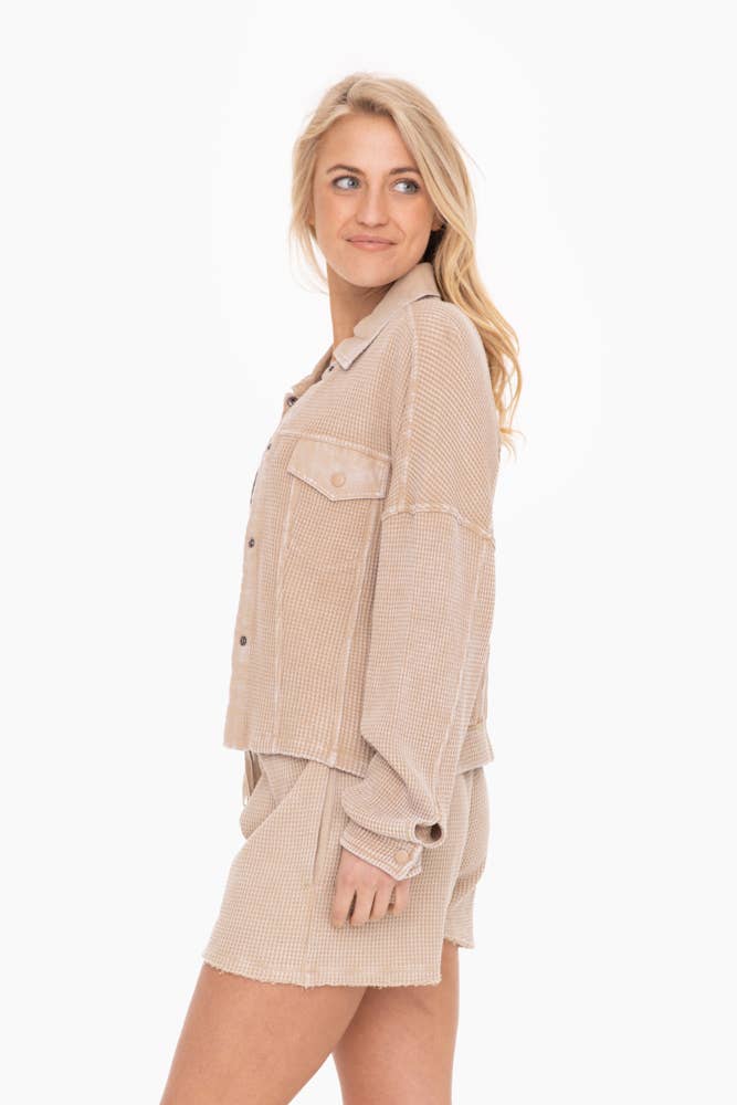 Waffle Knit Mineral-Washed Cropped Jacket