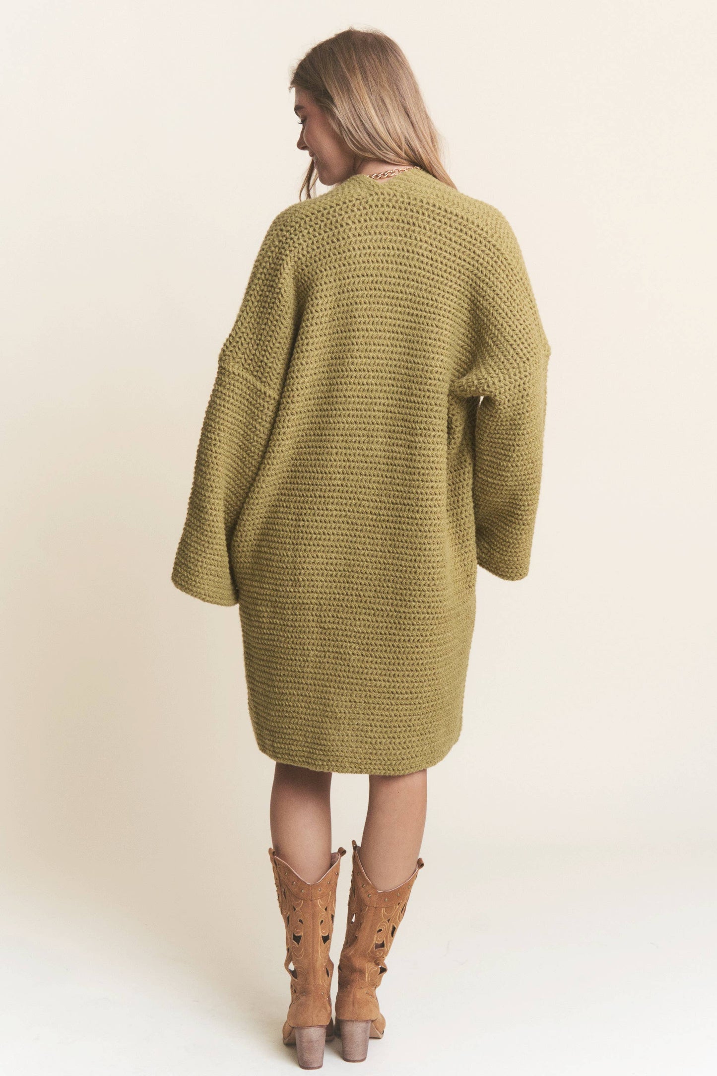 Long Body Cable Knit Open Cardigan: Golden Kiwi