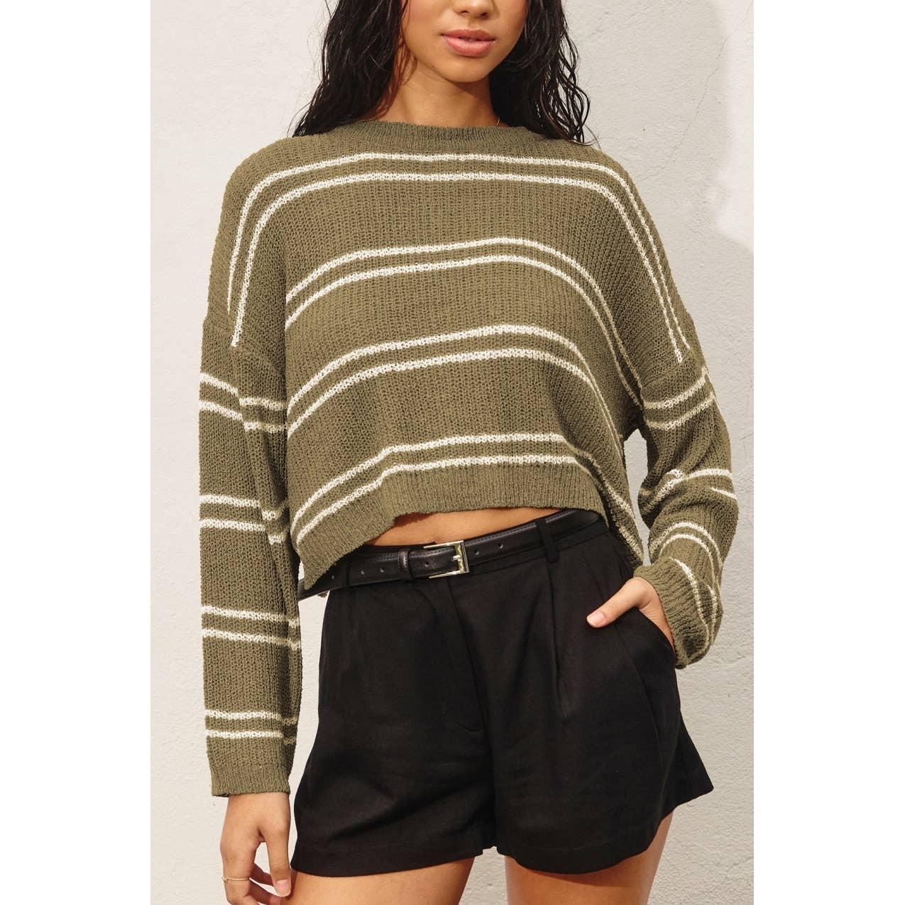 Double Striped Long Sleeve Open Knit Top: