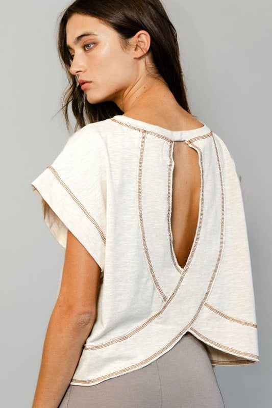 Open Back Reverse Stitched Crop Top: NATURAL